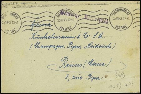 LF avec OBL mec "Chalon s/Marne RP Marne" (1943) + griffe violette "Deutsche Dienstpost", adressée au champagne Piper Heidsick à Reims. TB