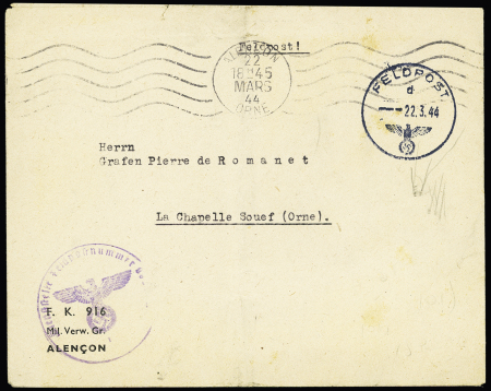 LF avec OBL mec d'Alençon (mars 44) + CAD Feldpost + en-tête "FK 916 mil. Verw. Gr. Alençon" et cachet violet avec aigle "Dienststelle feldpostnummer". TB