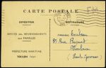 Carte postale du service de renseignements aux familles de la préfecture maritime de Toulon (aout 1942) avec au verso message radio des constructions navales de Saïgon. TB