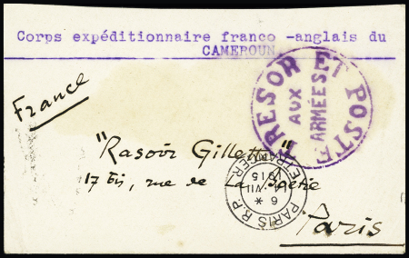 Petite LF avec mention dactyl "Corps expéditionnaire franco-anglais du Cameroun" avec grand cachet violet "Tresor et poste aux armées" (1915). TB