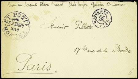 LF avec CAD "Duala Cameroun" (1916) + grand cachet noir "Tresor et poste aux armées" (1915). TB