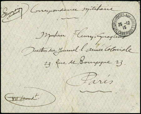 LF avec CAD "Tresor et postes aux armées Cameroun" (dec 1915). TB