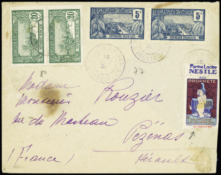 Guadeloupe n°77 en paire + 80 en paire OBL Pointe à Pitre Guadeloupe (1931) sur lettre avec vignette antituberculeuse avec mention "Guadeloupe". TB