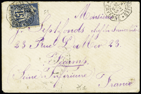 Colonies générales n°51 OBL CAD octogonal à cercle intérieur tireté "Corr. D'armées Cayenne" (1893) sur lettre pour Fécamp. TB