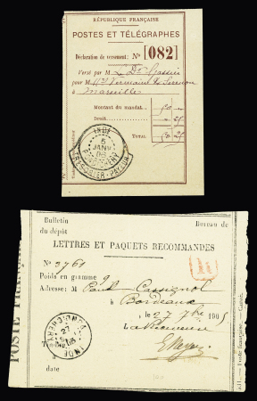 Talon de mandat avec CAD collerette "Inde Pondichéry trésorier-payeur" (1906) + bulletin de dépôt de lettre recommandée avec CAD "Inde Pondichéry" (1905). TB
