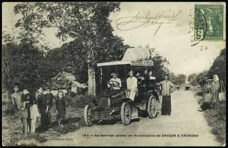 Indochine n°27 OBL sur carte postale "Le service postal en automobile de Saïgon à Tayninh" (n°193) avec voiture automobile en gros plan. TB
