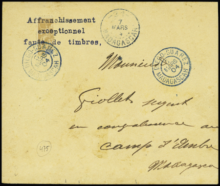 Madagascar n°36 demi-timbre avec surcharge "affranchissement exceptionnel faute de timbres" OBL Diego-Suarez (6 mars 1904) sur lettre pour Camp d'Ambre avec CAD d'arrivée "20 Madagascar". TB