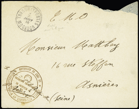Maroc : LF avec rare CAD "tresor et postes Mogador" (1914) + cachet du 3e régiment de tirailleurs algériens. TB