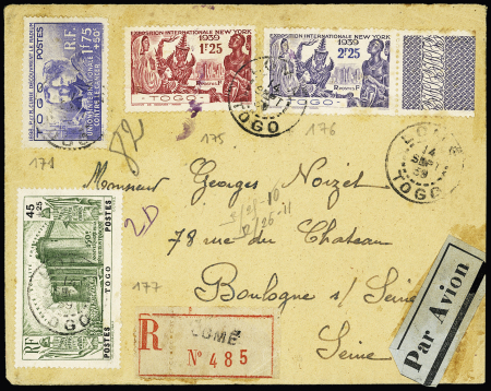 Togo n°171 + 175 + 176 + 177, 45c + 25c vert Prise de la Bastille OBL Lome (1939) sur lettre recommandée avion. TB
