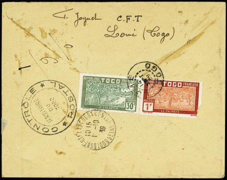 Togo n°171 + 175 + 176 + 177, 45c + 25c vert Prise de la Bastille OBL Lome (1939) sur lettre recommandée avion. TB