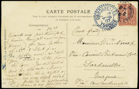 France n°129 (def) OBL Bordeaux sur CP avec très beau CAD perlé bleu en arrivée "Dardanelles Turquie" (1907)