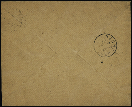 N0140 OBL Bourges (1922) sur lettre par avion avec 5 timbres semi-officiels du meeting. TB