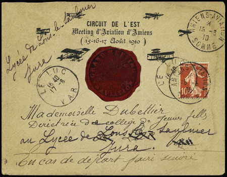 N°138 OBL CAD rond "Amiens-aviation Somme" (1910) sur env. à en-tête du circuit de l'Est avec sceau rouge du meeting. TB