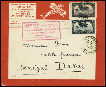 Maroc PA2 + PA3 OBL Casablanca (2.5.23) sur env. rouge Latécoère avec cachet rect rouge "Aéro-club du Maroc inauguration de la ligne aérienne Casablanca-Dakar lignes aériennes Latécoère" (Muller n°6). Rare et TB