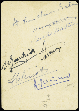 Feuille avec autographes de Durmon, Pinsard, MaryseBastié, A. Blériot, RARE et TB.Feuille avec autographes de Durmon, Pinsard, MaryseBastié, A. Blériot, RARE et TB.Feuille avec autographes de Durmon, Pinsard, Marys