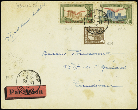 30.11.26 - Tunisie n°131 + PA1 + PA2 sur lettre pour