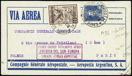 6 / 18 - 6.1930 - Lettre de Buenos Aires pour Paris avec cachet rect lilas "Primer correo totalmente aereo America del Sur-Europa compagnie générale aéropostale (M94 Buenos-Aires Toulouse - 1er essai Mermoz). TB