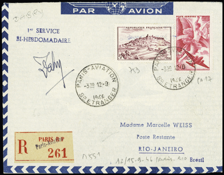12.9.1946 Paris - Rio, 1er service bi-hebdomadaire (M551)lettre avec signature de Dabry, TB.12.9.1946. Paris - Rio, 1er service bi-hebdomadaire (M551)lettre avec signature de Dabry, TB.12.9.1946. Paris - Rio, 1er serv