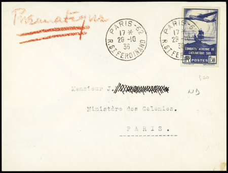 N°320, 1F50 conquête aérienne de l'Atlantique Sud, non dentelé OBL Paris 62 (oct 36) sur lettre. TB