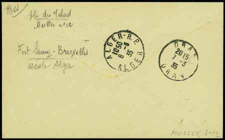 CAD 4 mars 1935 Fort Lamy - Alger, cachet arrivée Oran 7.3, Alger 8.3.35, griffe 3 lignes « 1 VOYAGE RETOUR AVION SABENA 5 MARS 1935 » (Muller 12), TB…