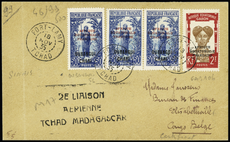 CAD 18 nov. 1935 Fort Lamy Elisabethville arrivée 21.11.35 avec griffe "2ème LIAISON AERIENNE TCHAD MADAGASCAR" (Muller 17), pli d'escale, TB