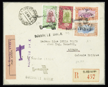 13/15.5.1932. Lettre recommandée avec griffes violette et SERVICE AVION DJIBOUTI-ROME » et demi - étiquette rose "PAR AVION" (M10) RARE et TB.