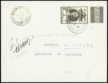 25/26. 7. 1941 Djibouti - Marignane avec signature du pilote Durmon (vol du blocus) (Muller n°22). TB