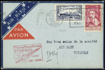 N°299 +305 OBL MEC « PARIS RP DEPART» (25.7.35) sur env Air Bleu avec cachet rect rouge "INAUGURATION SERVICE POSTAL AERIEN PARIS TOULOUSE" avecsignature du pilote Dhé, TBN°299 +305 OBL MEC « PARIS RP DEPART» (25