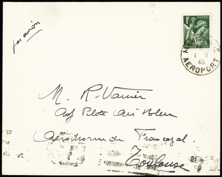 N°432, 1F Iris OBL CAD "Marignane aéroport" (1.9.40) sur lettre pour Toulouse adressée à Raymond Vanier (3ème période Air Bleu). Rare et TB