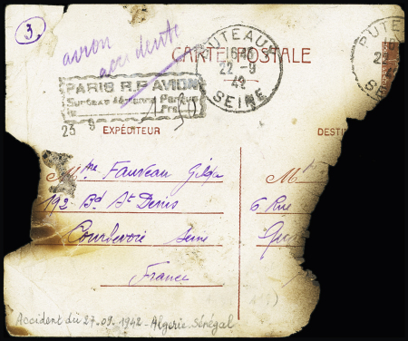 27.9.42 accident du Dewoitine D342 Algérie-Sénégal, à Ameur El Aïn - Entier CP 1F20 Pétain fortement brûlée avec mention manuscrite "avion accidenté" (Nierinck n°420927). TB