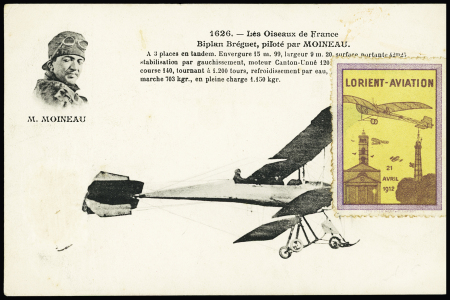 Carte postale "biplan Bréguet piloté par Moineau" avec rare vignette violet et jaune "Lorient aviation 21 avril 1912". TB