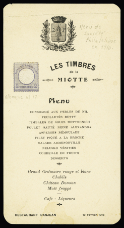 1910 Menu de la société philatélique "les timbrés