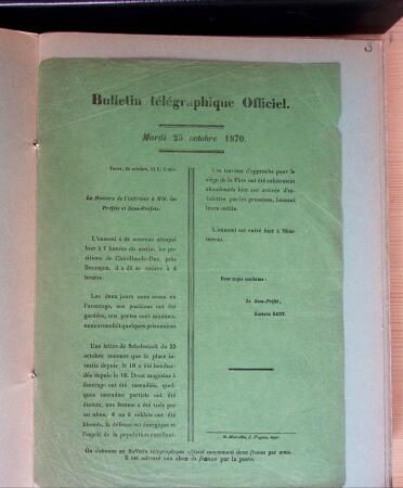 1870-71, Ensemble de 57 bulletins télégraphiques