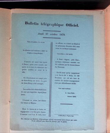1870-71, Ensemble de 57 bulletins télégraphiques