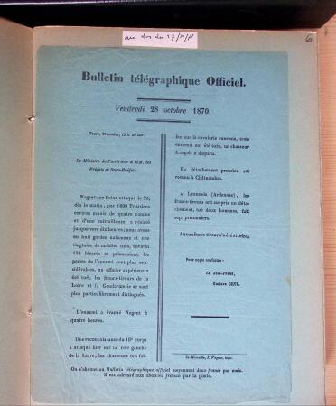 1870-71, Ensemble de 57 bulletins télégraphiques