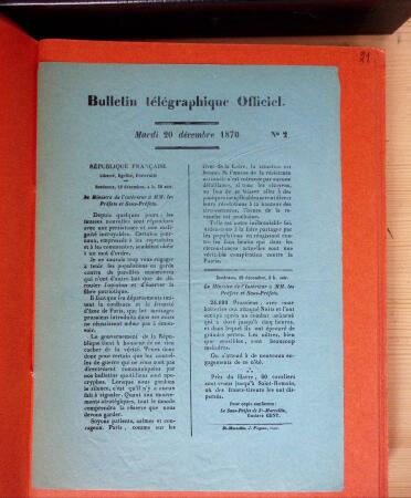 1870-71, Ensemble de 57 bulletins télégraphiques