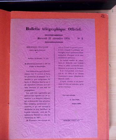 1870-71, Ensemble de 57 bulletins télégraphiques