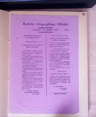 1870-71, Ensemble de 57 bulletins télégraphiques
