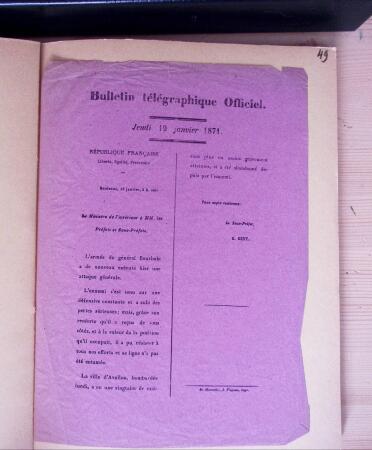 1870-71, Ensemble de 57 bulletins télégraphiques