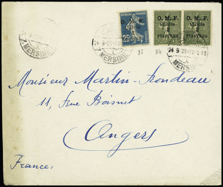 Cilicie n°83 + 84 en paire OBL Mersine 1 (1921) sur lettre pour Paris. TB