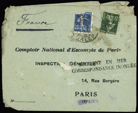 Syrie n°37 (def) + 35 OBL Halep 3 (1021) sur lettre pour Paris avec griffe noire "accident en mer correspondance inondée" (naufrage du SS Kalyan de la Peninsular and Oriental Steam Navigation Company). Rare et TB