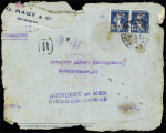 Syrie n°37 en paire OBL Beyrouth 14 (1921) sur lettre pour Saint-Gall (Suisse) avec griffe bleue "accident en mer courrier inondé" (naufrage du SS Kalyan). RR et TB