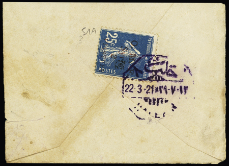 Petite lettre avec au verso Syrie n°51a à fleuron rouge OBL octogonale Halep (1921) pour Constantinople. Rare et TB