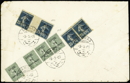 Syrie n°108, bande de 4 interpanneau + n°110 paire + paire interpanneau OBL CAD à pont de Damas au verso d'une lettre recommandée du 3ème échelon pour Paris. TB