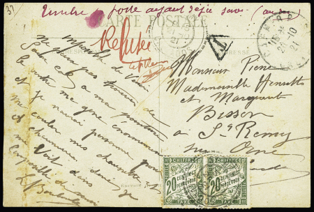 N°140 sur carte postale avec au verso timbre-taxe n°31 OBL CAD perlé B3 "St Rémy Calvados" (1921) + mentions manuscrites à l'encre rouge "timbre-poste ayant déjà servi" et "refusée". TB