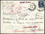 N°140 OBL Marseille (1910) sur lettre "pour un passager venant de Madagascar à Djibouti" avec 7 cachets de paquebots dont Melbourne, Adour, Natal (2 diff), Ernest Simons. TB