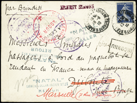 N°140 OBL Marseille (1910) sur lettre "pour un passager venant de Madagascar à Djibouti" avec 7 cachets de paquebots dont Melbourne, Adour, Natal (2 diff), Ernest Simons. TB