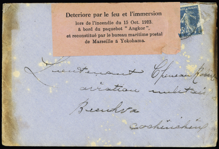 N°140 sur lettre pour Bienhoa avec étiquette rose "détérioré par le feu et l'immersion lors de l'incendie du 15 oct 1923 à bord du paquebot Angkor". Rare et TB