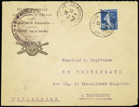 N°140 OBL Joinville le Pont Seine (1921) sur lettre avec en-tête et cachet violet avec déesse assise "Ecole normale de gymnastique et d'escrime le commandant" (le fameux Bataillon de Joinville) pour Madagascar. TB