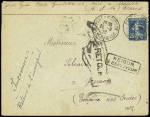 N°140 OBL Pont à Mousson (1922) sur lettre pour Yanaon (Inde) avec grande griffe noire dans une main "retour". TB